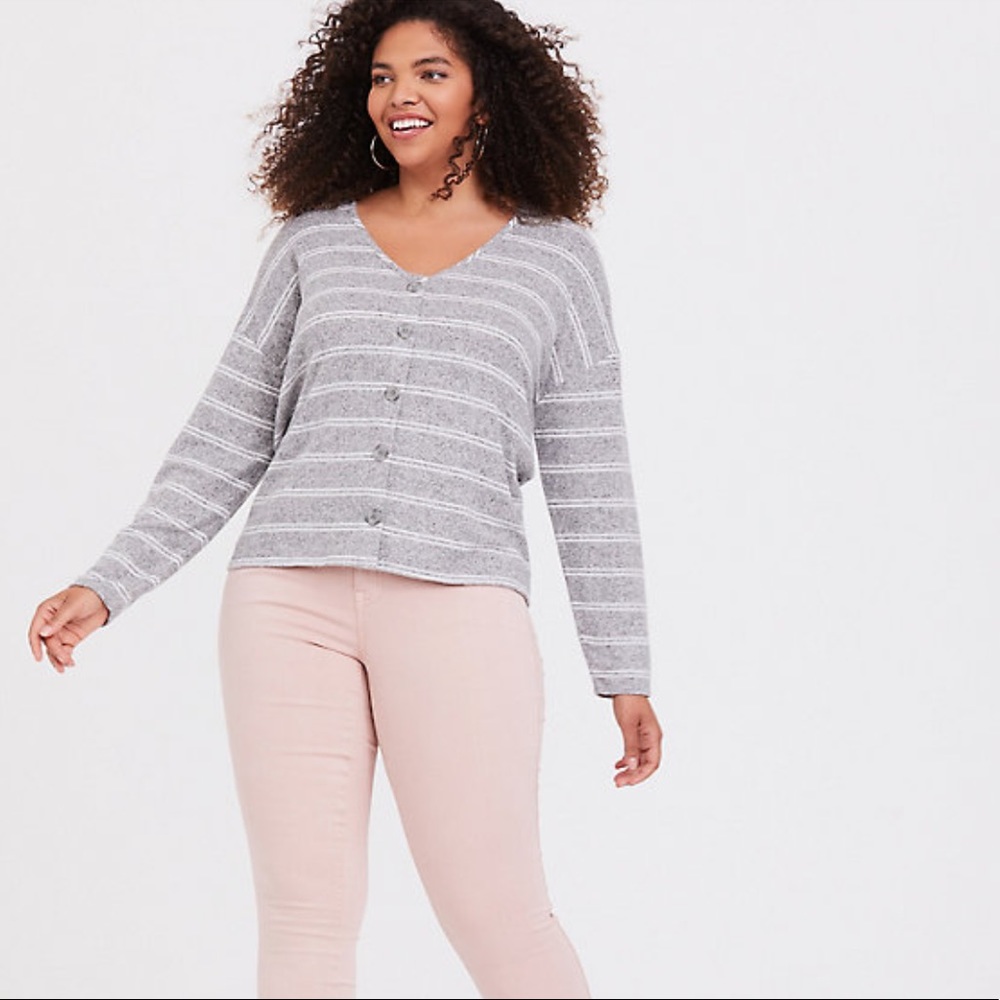 Torrid Grey White Stripe Button Front Long Sleeve… - image 2